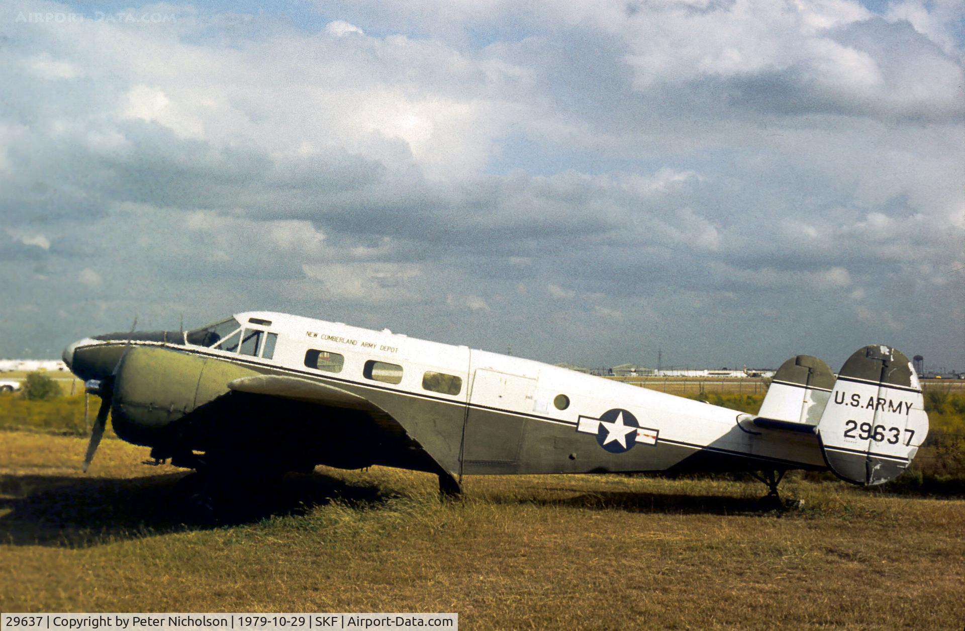 29637, Beech UC-45J Expeditor C/N 29637, Seen at Kelly AFB in October 1979, this UC-45J was later on display at Lackland AFB with bogus USAF serial 42-9637.