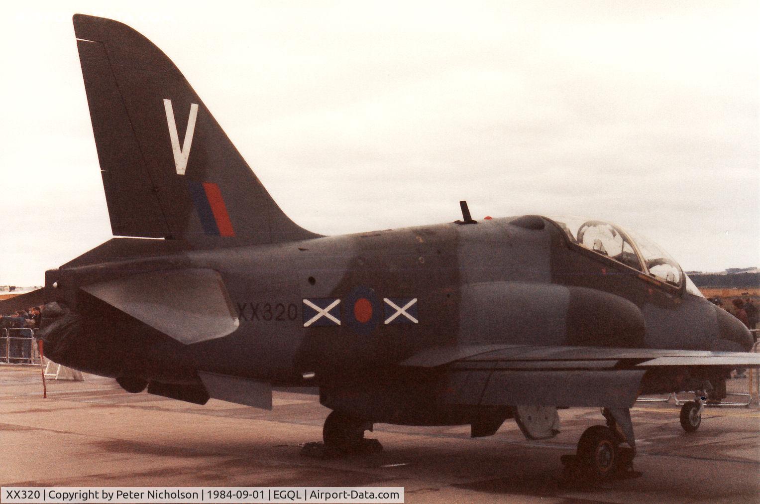 XX320, 1980 Hawker Siddeley Hawk T.1A C/N 163/312145, Hawk T.1A of 151 Squadron at RAF Brawdy on display in the static park at the 1984 RAF Leuchars Airshow.