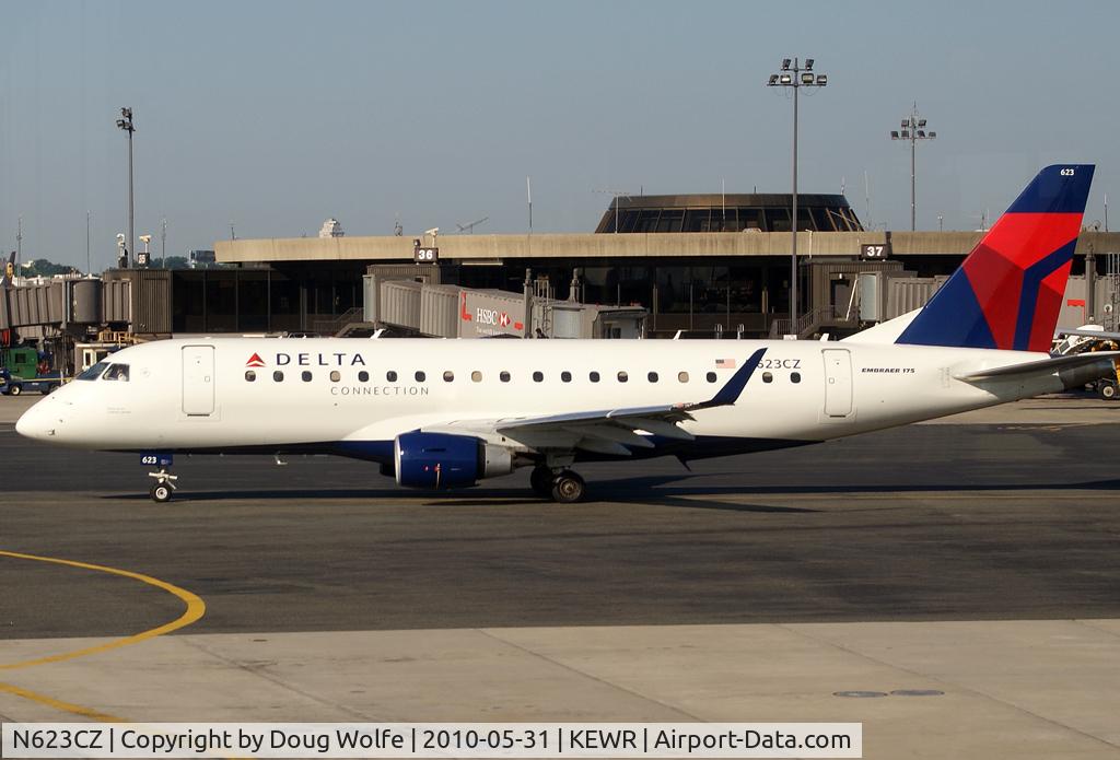 N623CZ, 2008 Embraer 175LR (ERJ-170-200LR) C/N 17000221, Now in Delta Connection paint leaving Terminal B at Newark Liberty in New Jersey.