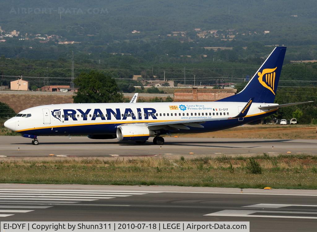 EI-DYF, 2008 Boeing 737-8AS C/N 36569, Taxiing holding point rwy 20 for departure with additional 'Girona Catalunya / Costa Brava / Pirineu de Girona' patch...