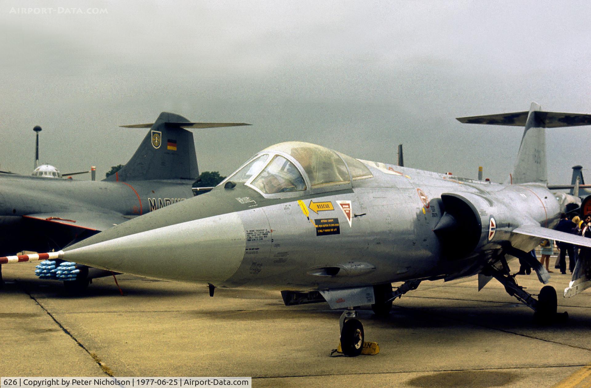 626, 1961 Lockheed RF-104G Starfighter C/N 683C-4026, RF-104G Starfighter of 331 Skv Royal Norwegian Air Force on display at the 1977 Intnl Air Tattoo at RAF Greenham Common.