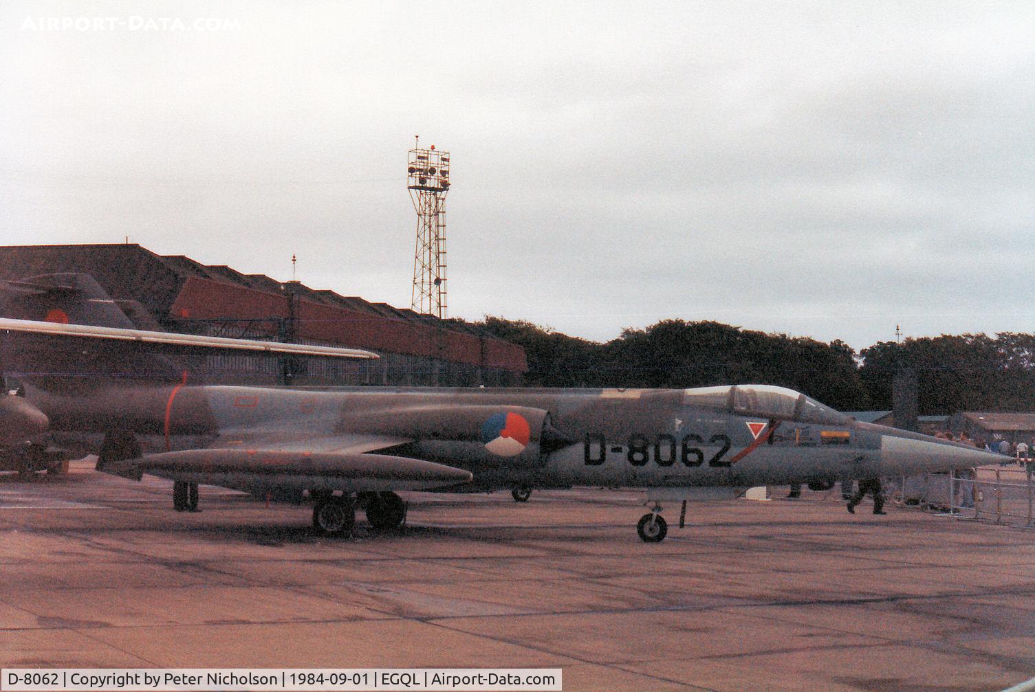 D-8062, Lockheed F-104G Starfighter C/N 683-8062, F-104G Starfighter of the Royal Netherlands Air Force's Uitfaseringsonderdeel (UFO Flight) for pilot currency on display at the 1984 RAF Leuchars Airshow.