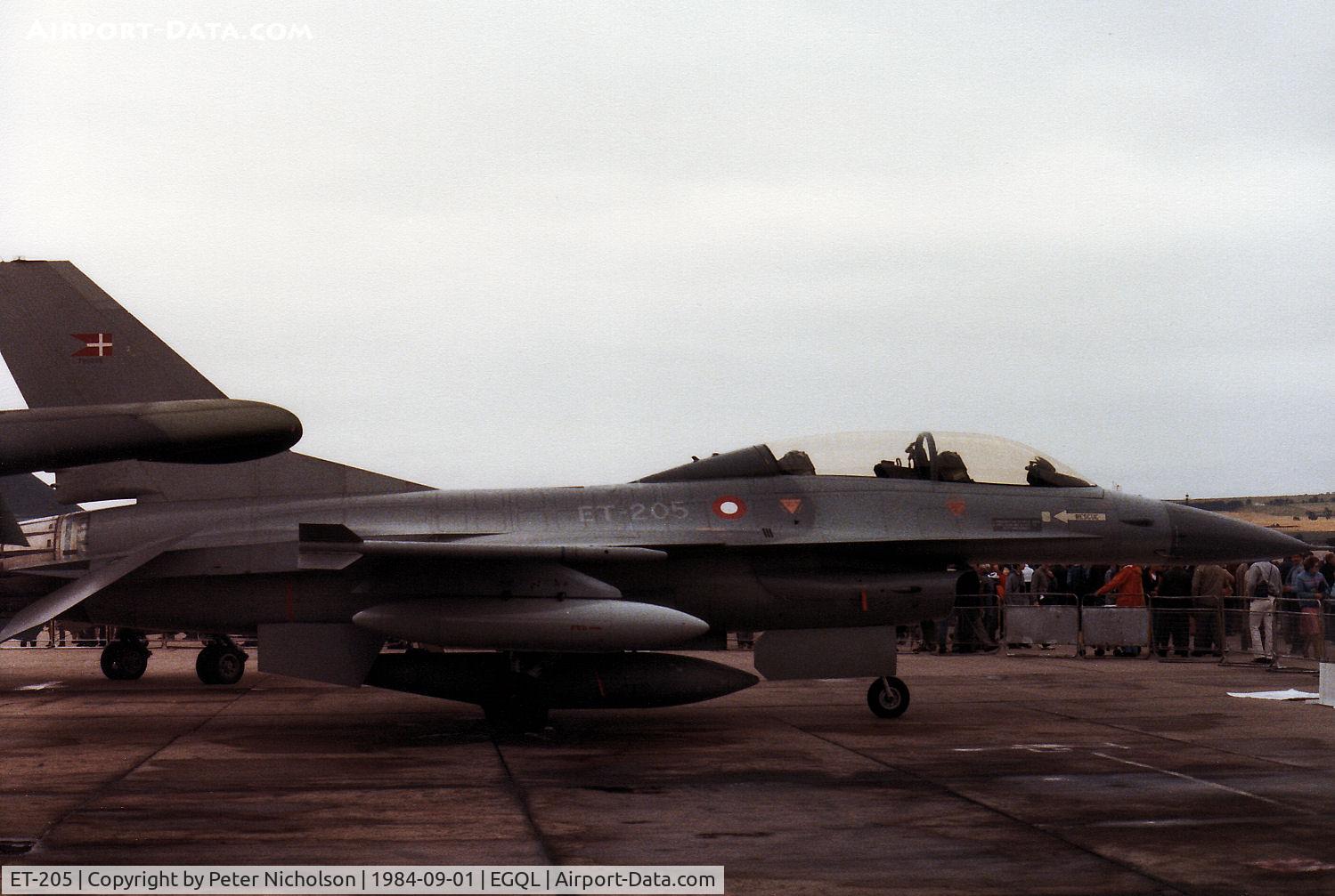 ET-205, 1980 SABCA F-16B Fighting Falcon C/N 6G-2, F-16B of Esk 730 Royal Danish Air Force on display in the static park at the 1984 RAF Leuchars Airshow.