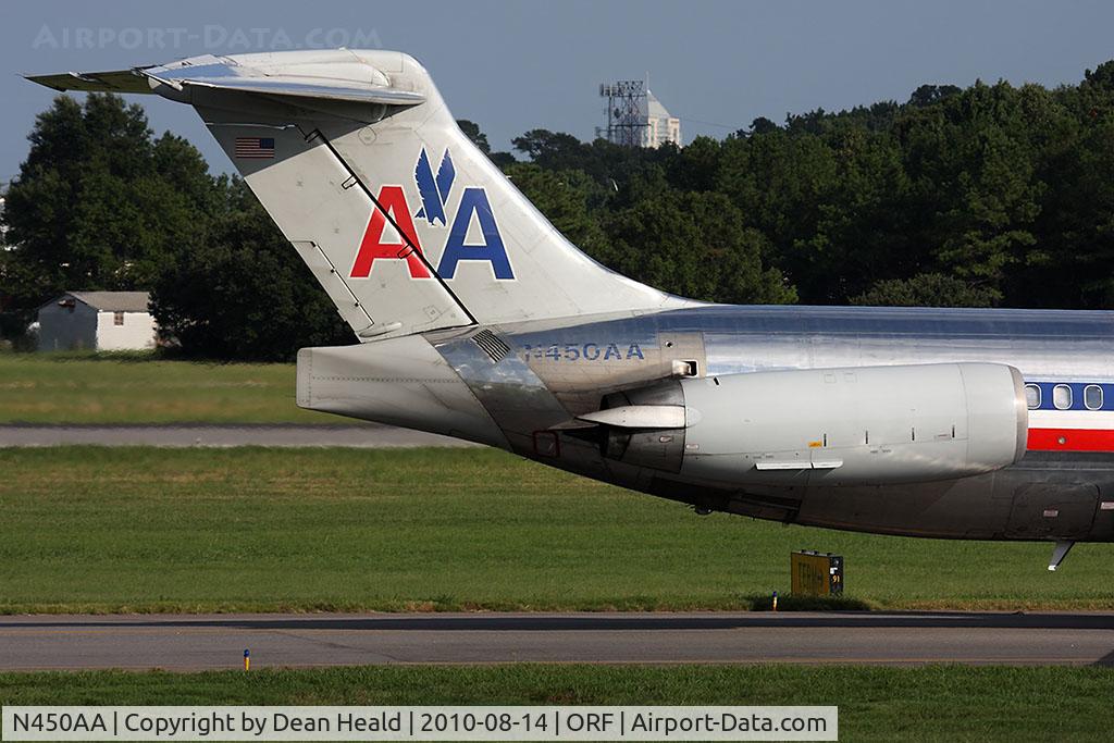 N450AA, 1987 McDonnell Douglas MD-82 (DC-9-82) C/N 49476, Tail shot of American Airlines N450AA (FLT AAL682) from Dallas/Fort Worth Int'l (KDFW) taxiing to the gate. You can see that the engine is canted upward and the vortex generator on it, that is to aid in directional stability at high angles of attack.