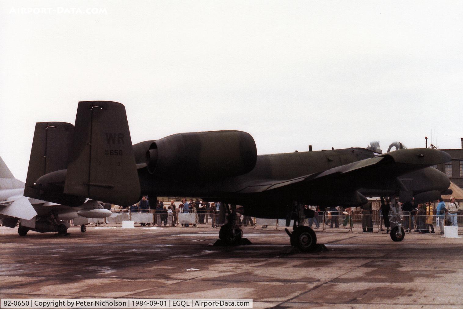 82-0650, 1980 Fairchild Republic A-10A Thunderbolt II C/N A10-0698, A-10A Thunderbolt of 510th Tactical Fighter Squadron/81st Tactical Fighter Wing based at RAF Bentwaters on display at the 1984 RAF Leuchars Airshow.