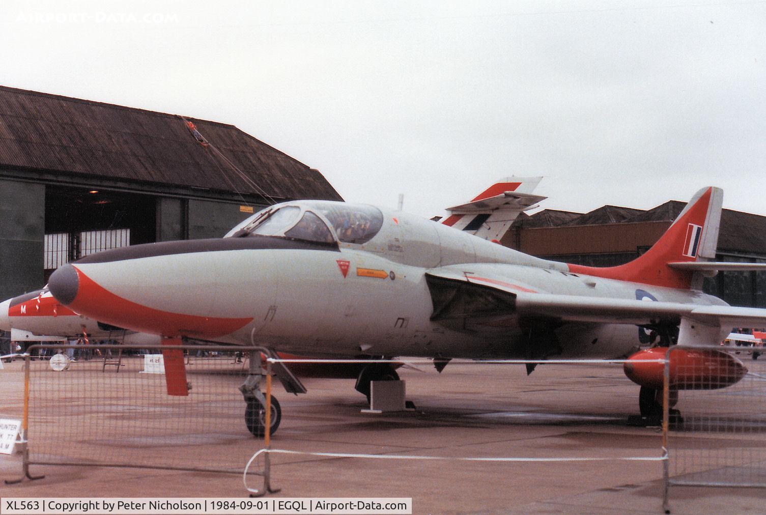 XL563, 1957 Hawker Hunter T.7 C/N 41H-693714, Hunter T.7 of the RAF's Institute of Aviation Medicine at Farnborough on display at the 1984 RAF Leuchars Airshow.