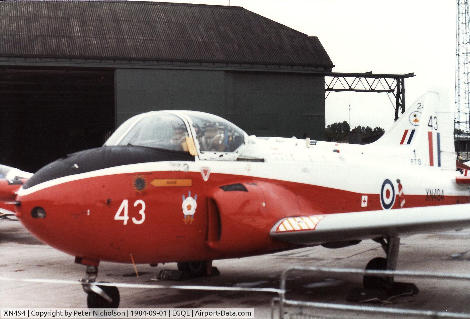 XN494, 1960 Hunting P-84 Jet Provost T.3A C/N PAC/W/10155, Jet Provost T.3A of 1 Flying Training School at RAF Linton-on-Ouse on display at the 1984 RAF Leuchars Airshow.