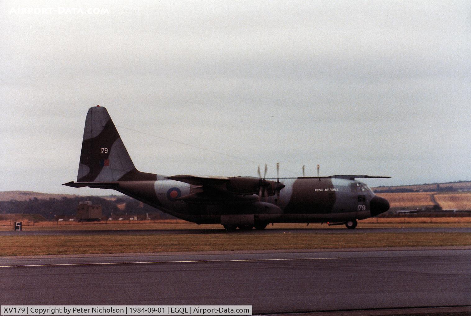 XV179, 1967 Lockheed C-130K Hercules C.1 C/N 382-4195, Hercules C.1 of the Lyneham Transport Wing as a support aircraft for the RAF Falcons parachute display team at the 1984 RAF Leuchars Airshow.