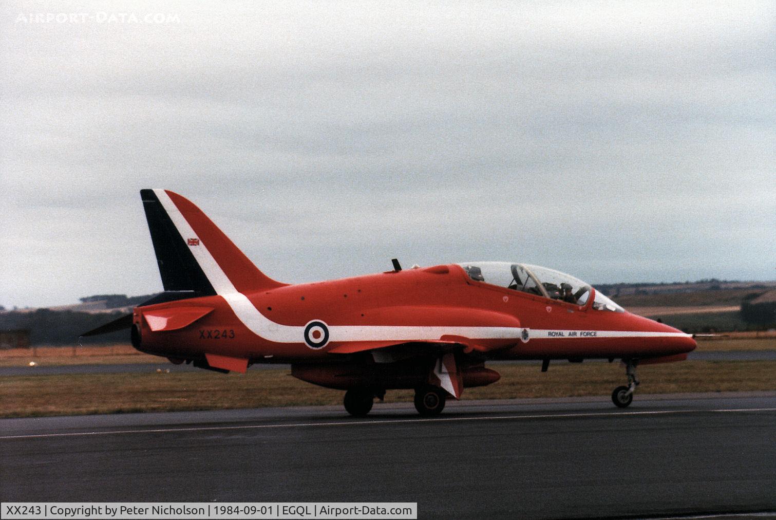 XX243, 1978 Hawker Siddeley Hawk T.1 C/N 079/312079, Hawk T.1 of the Red Arrows aerobatic display team landing at the 1984 RAF Leuchars Airshow.