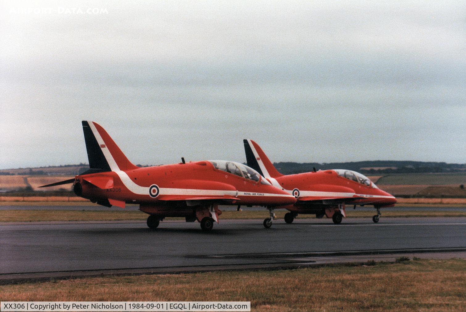 XX306, 1980 Hawker Siddeley Hawk T.1A C/N 141/312131, Hawk T.1 of the Red Arrows aerobatic display team landing at the 1984 RAF Leuchars Airshow.
