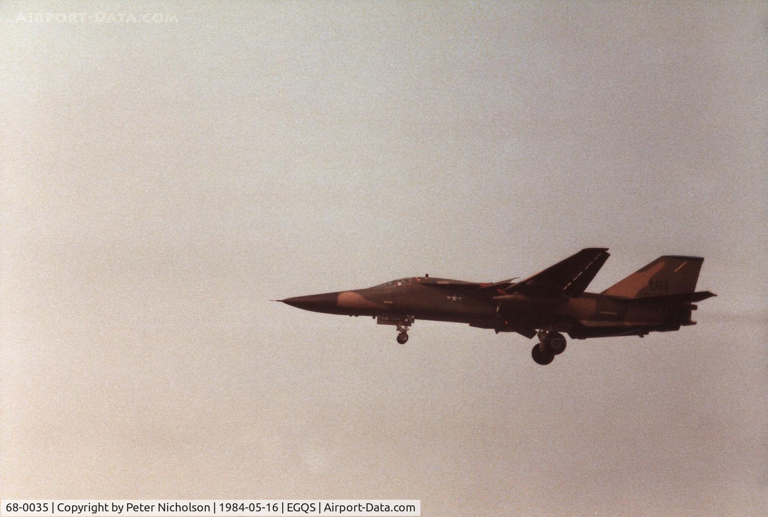 68-0035, 1968 General Dynamics F-111E Aardvark C/N A1-204, F-111E  of the 55th Tactical Fighter Squadron/20th Tactical Fighter Wing at RAF Upper Heyford on a practice approach to RAF Lossiemouth in May 1984.