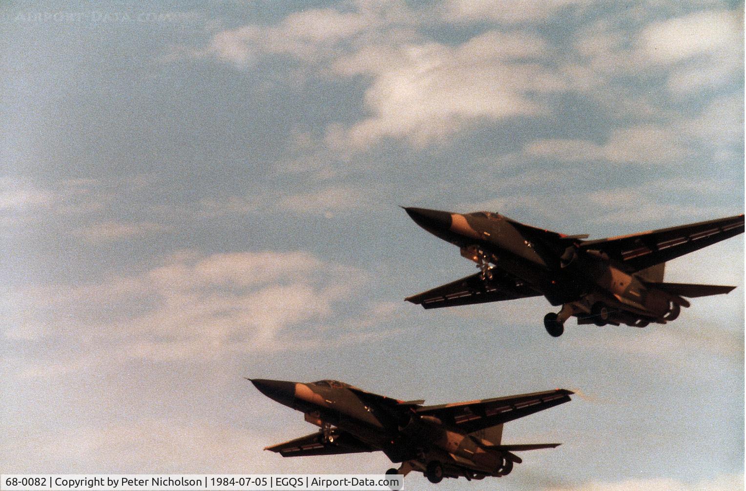 68-0082, 1968 General Dynamics F-111E Aardvark C/N A1-251, F-111E of 55th Tactical Fighter Squadron/20th Tactical Fighter Wing at RAF Upper Heyford on a paired practice approach wth 68-0074 at RAF Lossiemouth in the Summer of 1984.
