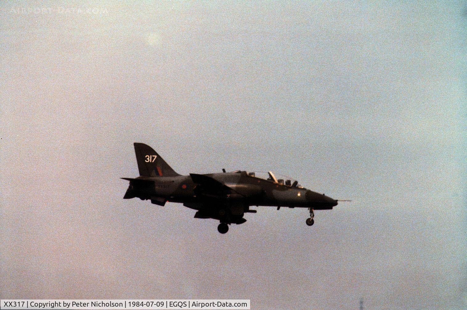 XX317, 1980 Hawker Siddeley Hawk T.1A C/N 159/312142, Hawk T.1A of 1 Tactical Weapons Unit at RAF Brawdy on final; approach to RAF Lossiemouth in the Summer of 1984.
