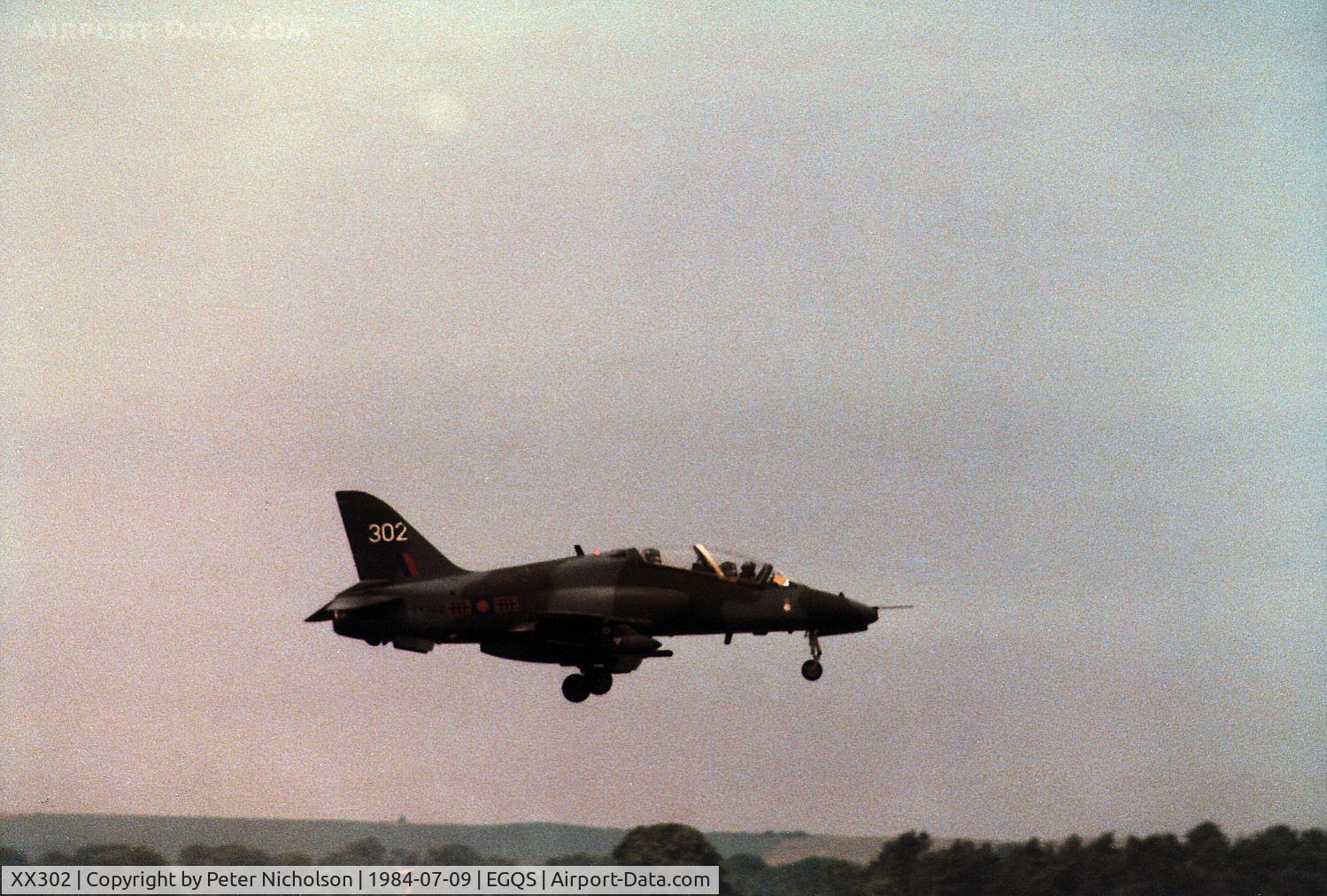 XX302, 1979 Hawker Siddeley Hawk T.1 C/N 135/312127, Hawk T.1A of 264 Squadron at RAF Brawdy on final approach to RAF Lossiemouth in the Summer of 1984.