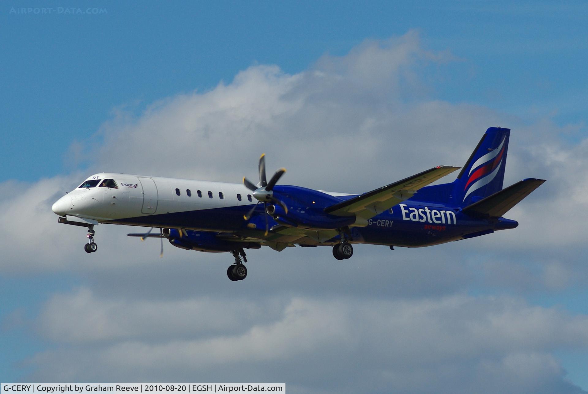 G-CERY, 1994 Saab 2000 C/N 2000-008, Landing at Norwich.