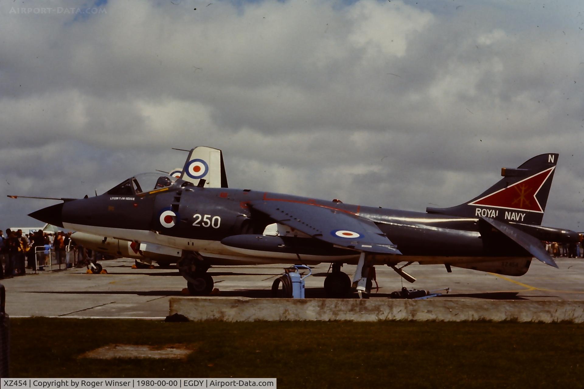 XZ454, 1979 British Aerospace Sea Harrier FRS.1 C/N 41H-912008, Coded 250/N of 800 NAS. The first Sea Harrier to land on HMS Invicible on 20 May 1980. Date of photo unknown, location is a guess.
