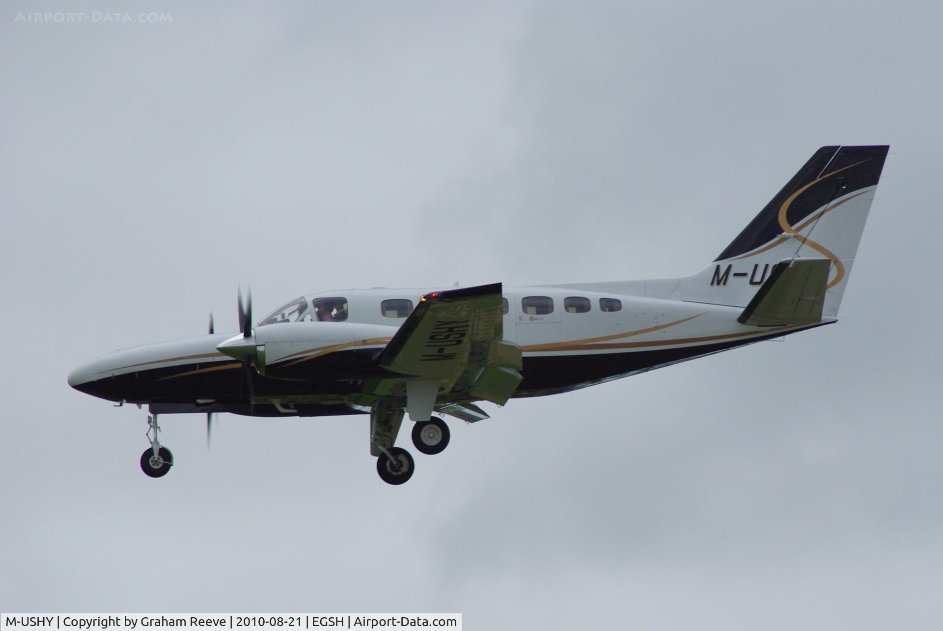 M-USHY, Cessna 441 Conquest II C/N 441-0209, About to land at Norwich.