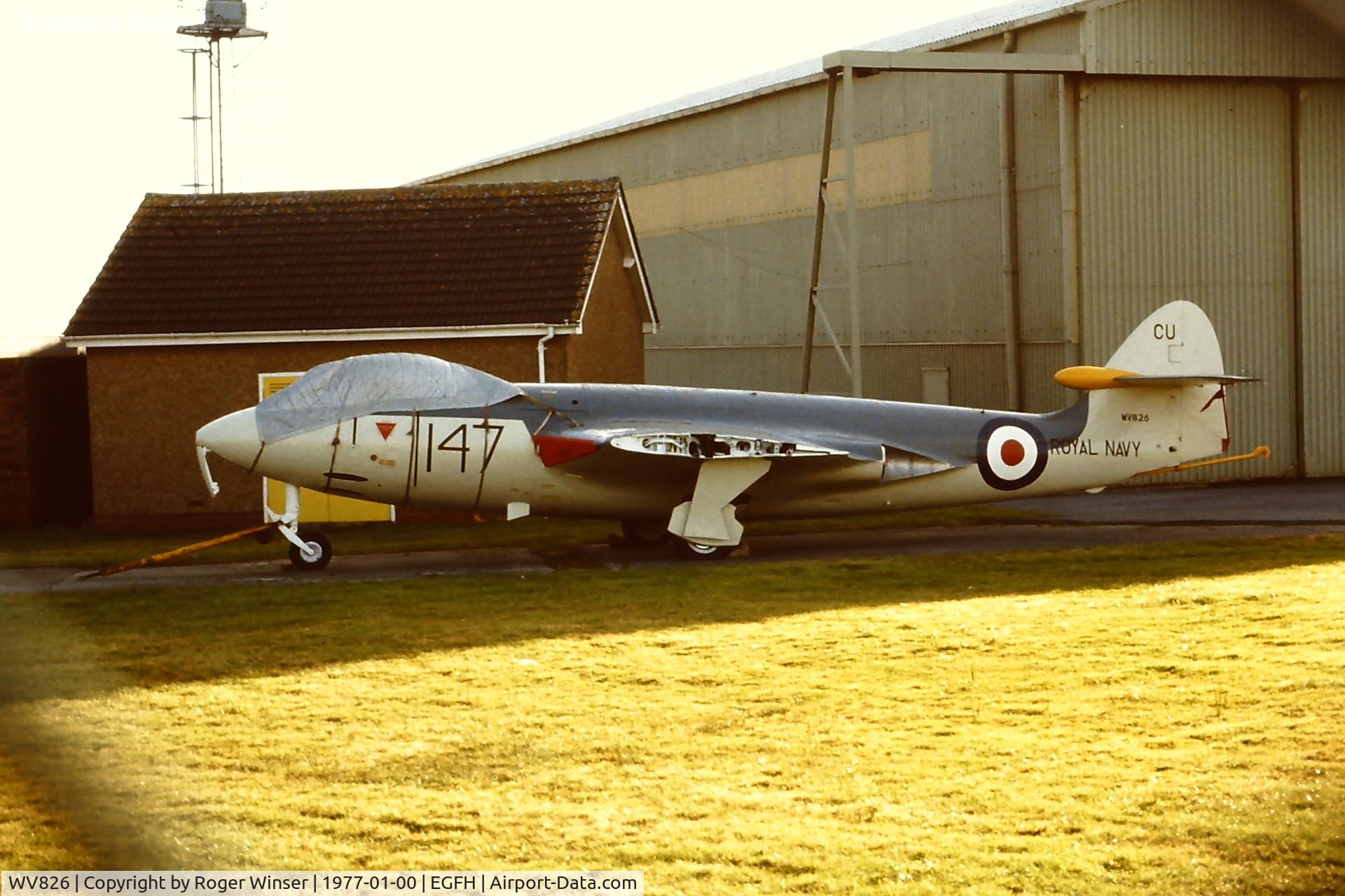 WV826, 1954 Hawker Sea Hawk FGA.6 C/N 6071, Previously painted black and coded SAH-2 in RN service. Repainted extra dark sea grey/sky and coded 147/CU at Swansea Airport before moving to the Wales Air Museum at Cardiff Airport