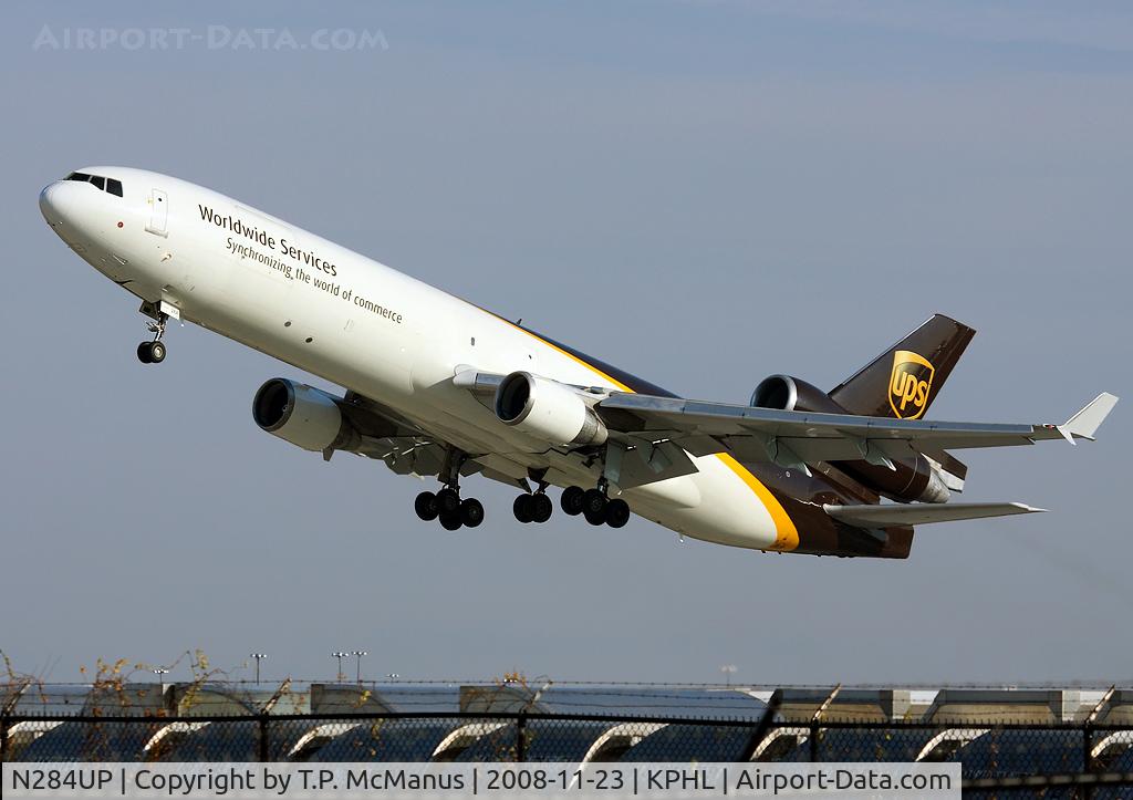 N284UP, 1997 McDonnell Douglas MD-11F C/N 48541, UPS MD-11 rotating on 27L at PHL.