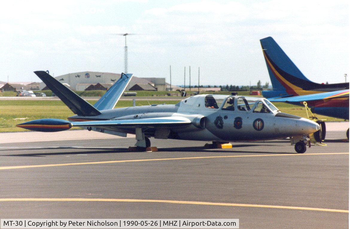 MT-30, Fouga CM-170 Magister C/N 287, CM-170 Magister of 33 Squadron Belgian Air Force in 30th anniversary markings on the flight-line at the 1990 RAF Mildenhall Air Fete.