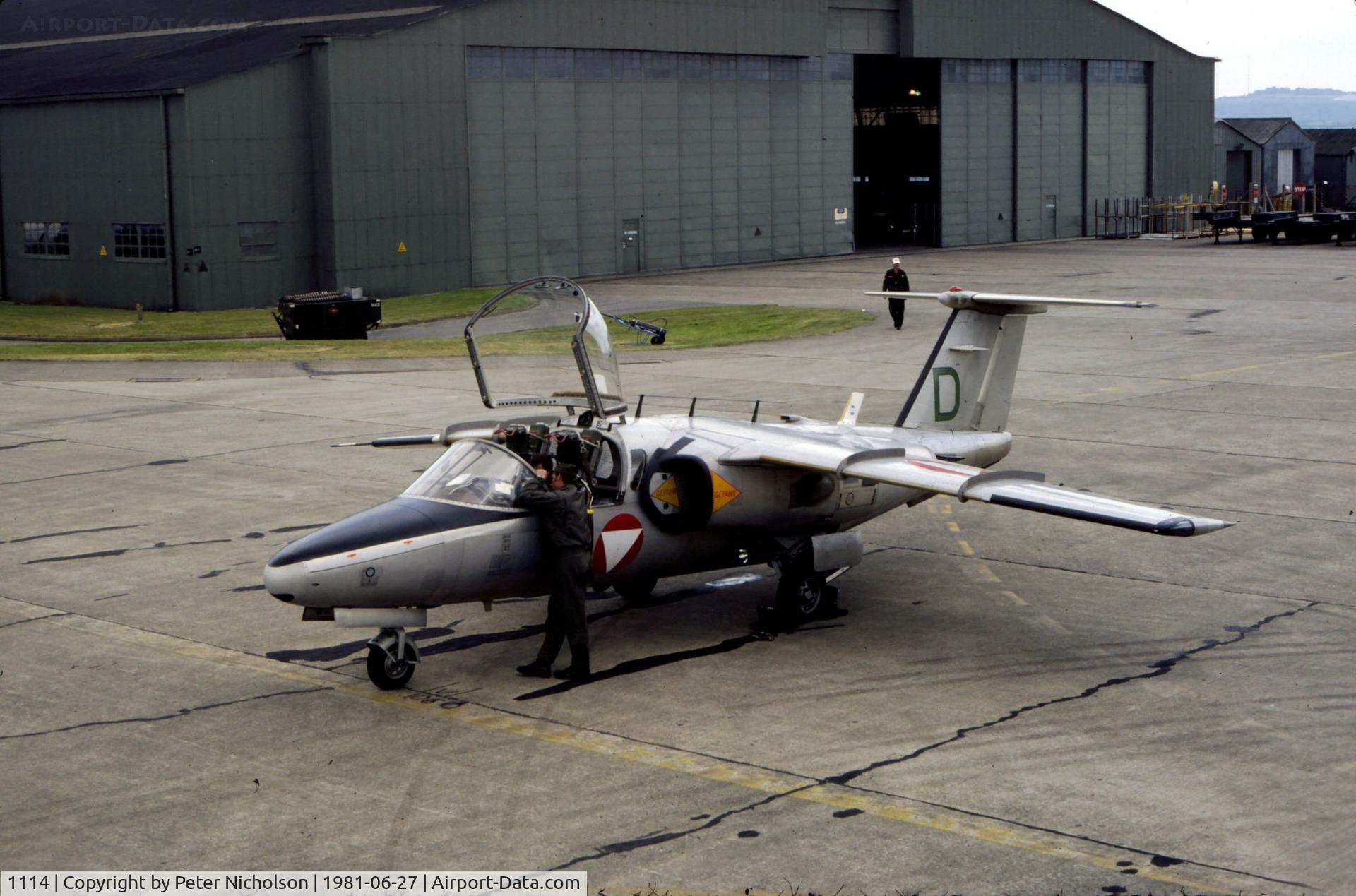 1114, Saab 105OE C/N 105414, Saab 105OE of the Austrian Air Force's Karo As aerobatic display team on the flight line at the 1981 Intnl Air Tattoo at RAF Greenham Common.
