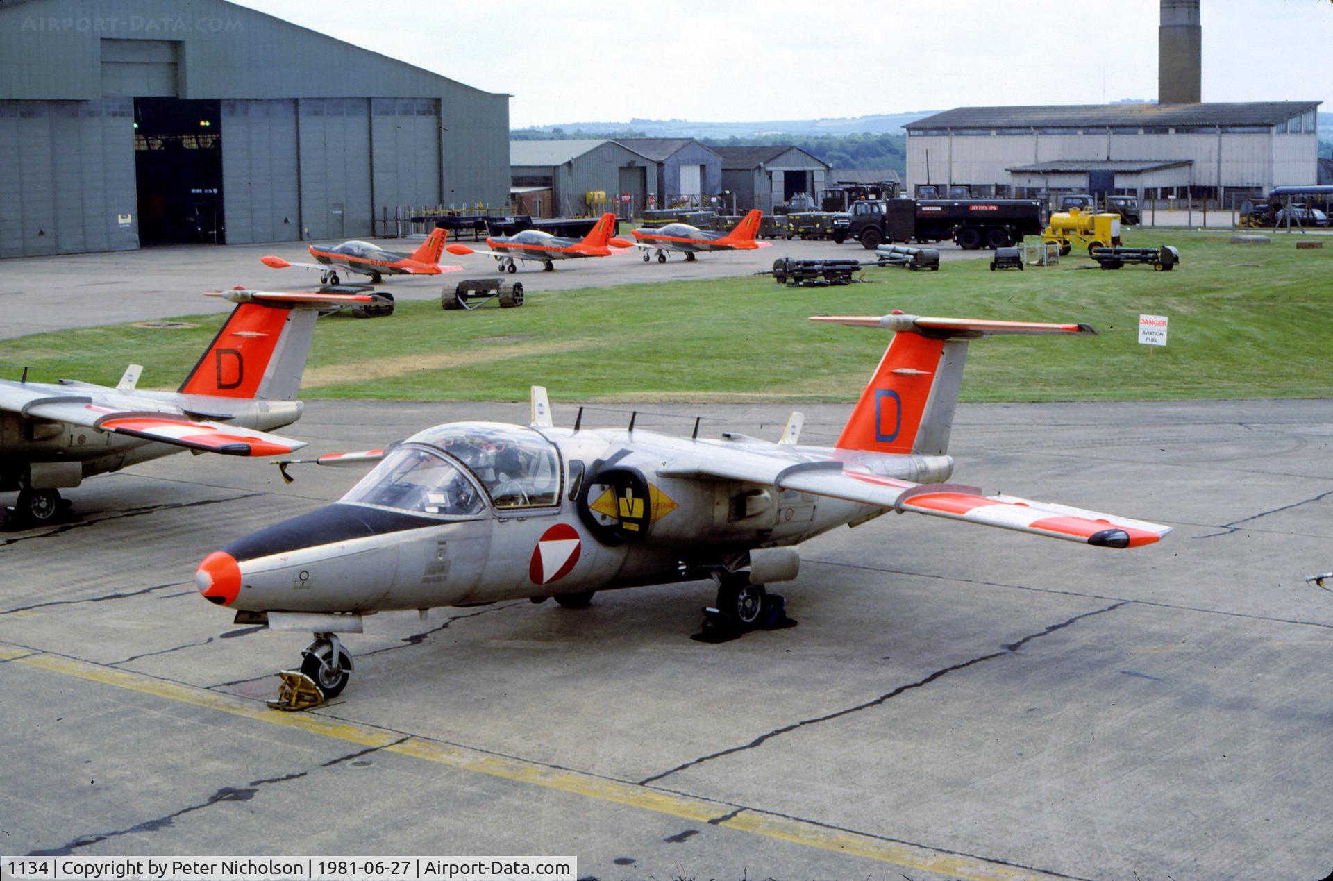 1134, Saab 105OE C/N 105434, Saab 105OE of the Austrian Air Force's Karo As display team on the flight-line at the 1981 Intnl Air Tattoo at RAF Greenham Common.