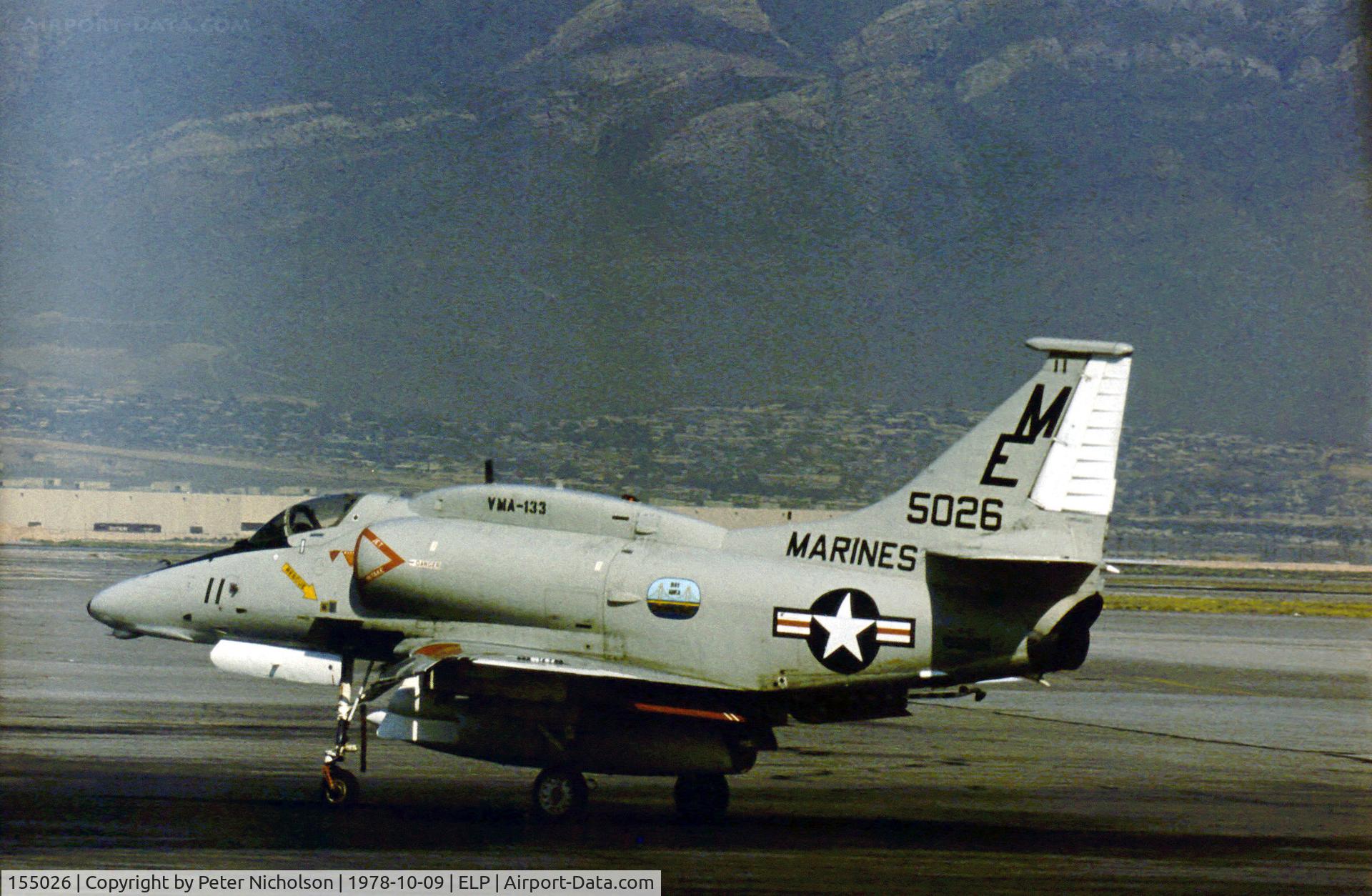 155026, Douglas A-4F Skyhawk C/N 13842, A-4F Skyhawk of USMC Attack Squadron VMA-133 on transit through El Paso in October 1978.