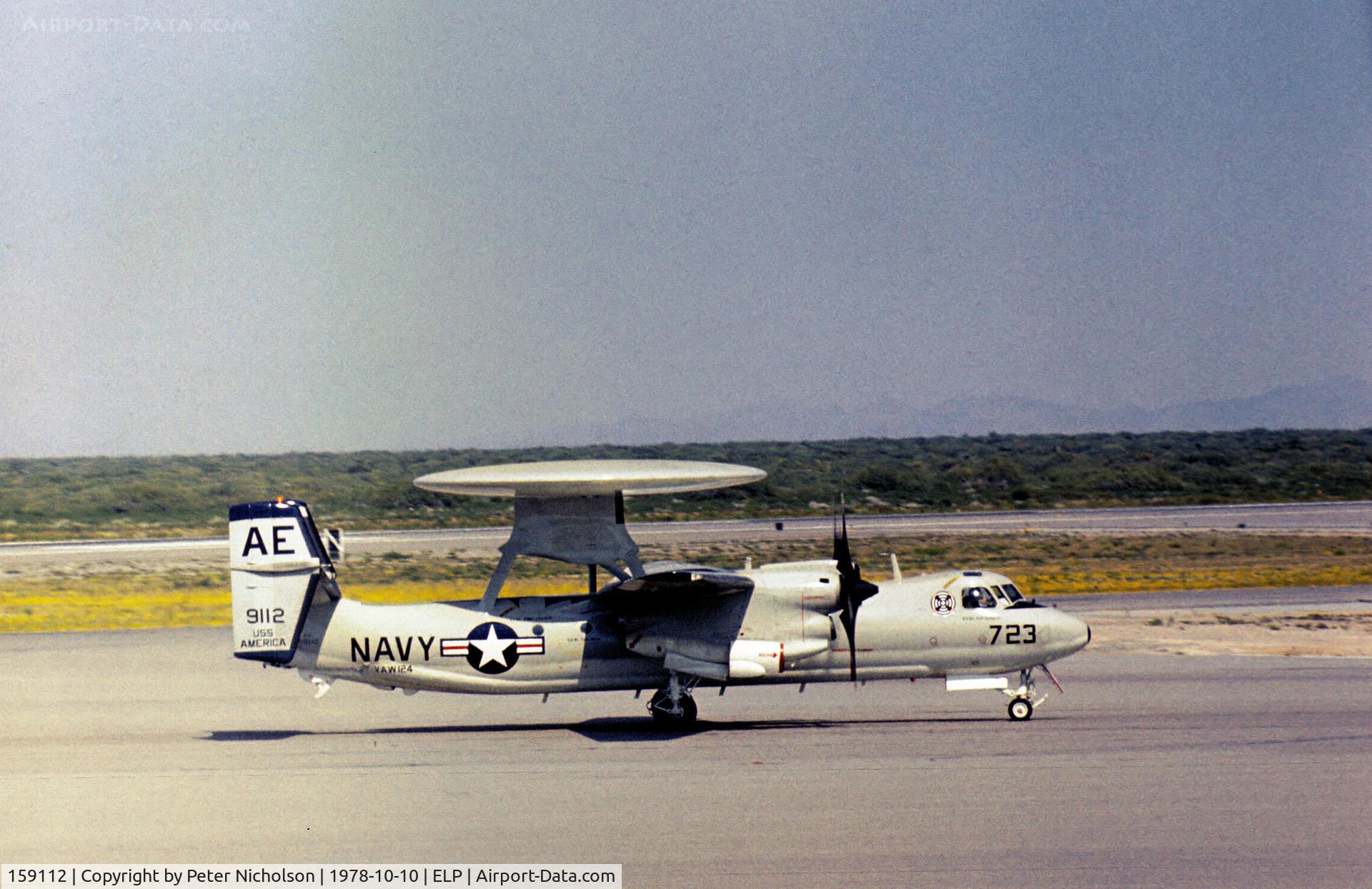 159112, Grumman E-2C Hawkeye C/N A019, E-2C Hawkeye of VAW-124 aboard USS America passing through El Paso in October 1978.