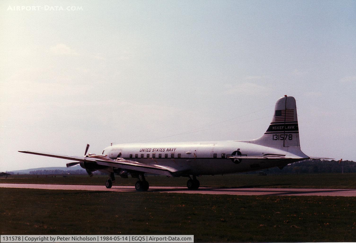 131578, 1953 Douglas C-118A Liftmaster (R6D-1) C/N 43681, C-118B Liftmaster of Naval Air Station Keflavik departing RAF Lossiemouth in May 1984.