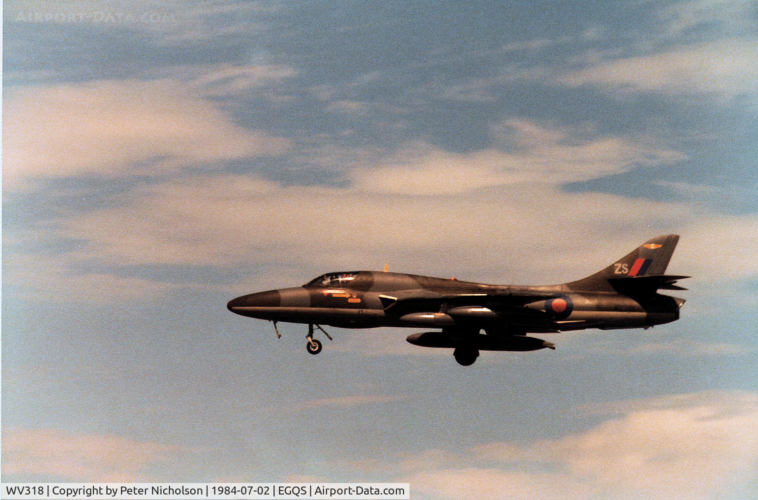 WV318, 1955 Hawker Hunter T.7B C/N 41H-670792, Hunter T.7A of 208 Squadron returning to RAF Lossiemouth after a training flight in the Summer of 1984.