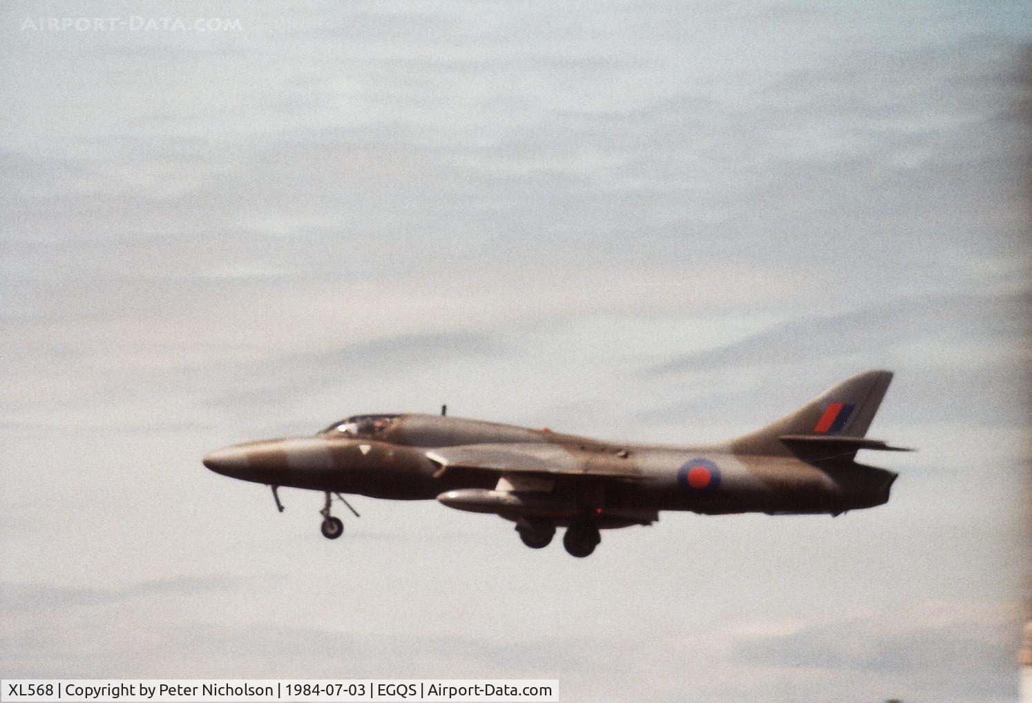 XL568, 1958 Hawker Hunter T.7A C/N 41H-693719, Hunter T.7A of 12 Squadron on final approach to RAF Lossiemouth in the Summer of 1984.