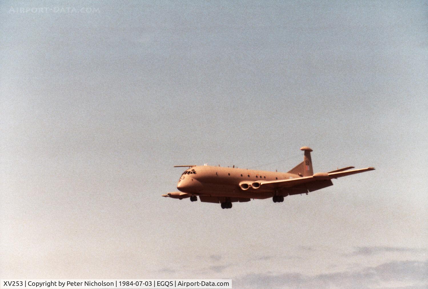 XV253, Hawker Siddeley Nimrod MR.2 C/N 8028, Nimrod MR.2 of the Kinloss Maritime Wing on approach to RAF Lossiemouth in the Summer of 1984.