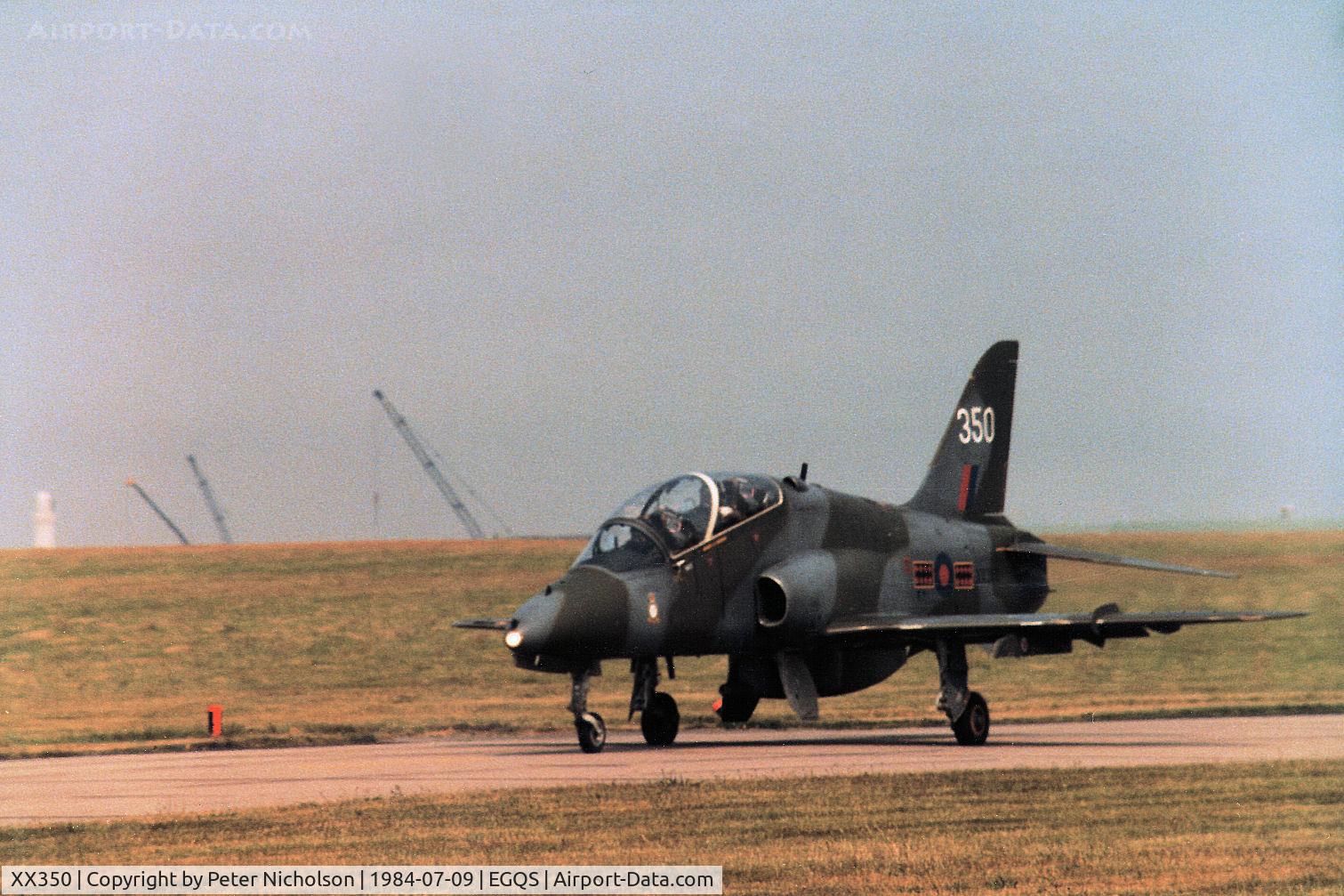 XX350, 1981 Hawker Siddeley Hawk T.1 C/N 199/312174, Hawk T.1 of 234 Squadron at RAF Brawdy taxying to the active runway at RAF Lossiemouth in the Summer of 1984.