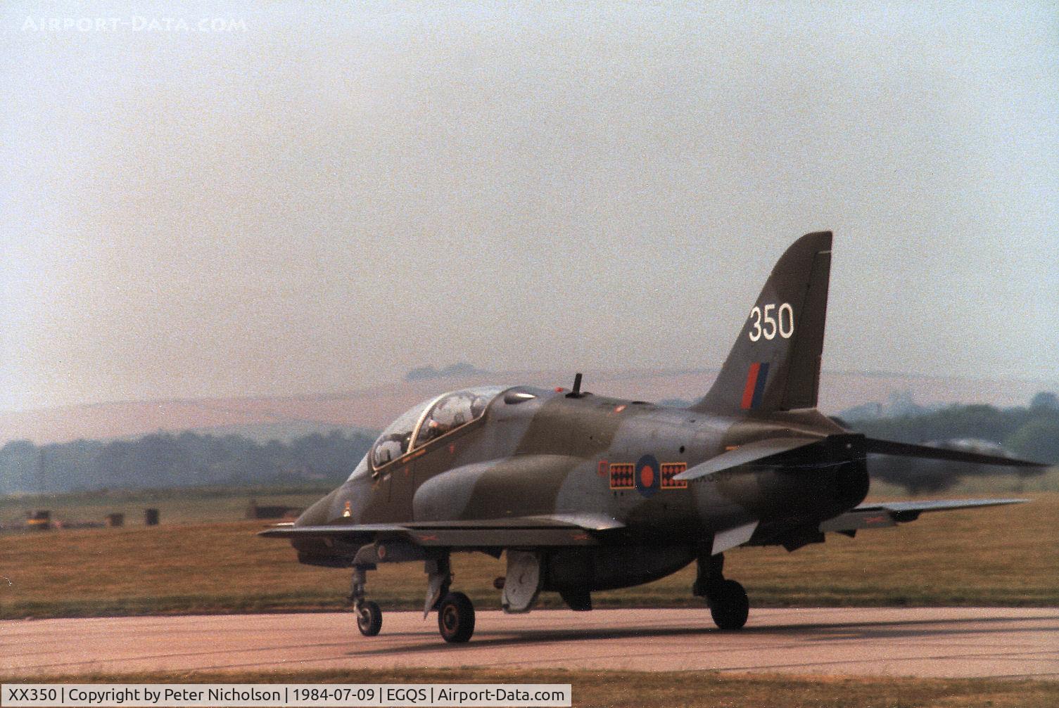 XX350, 1981 Hawker Siddeley Hawk T.1 C/N 199/312174, This 234 Squadron Hawk was preparing to return to RAF Brawdy from RAF Lossiemouth in the Summer of 1984.