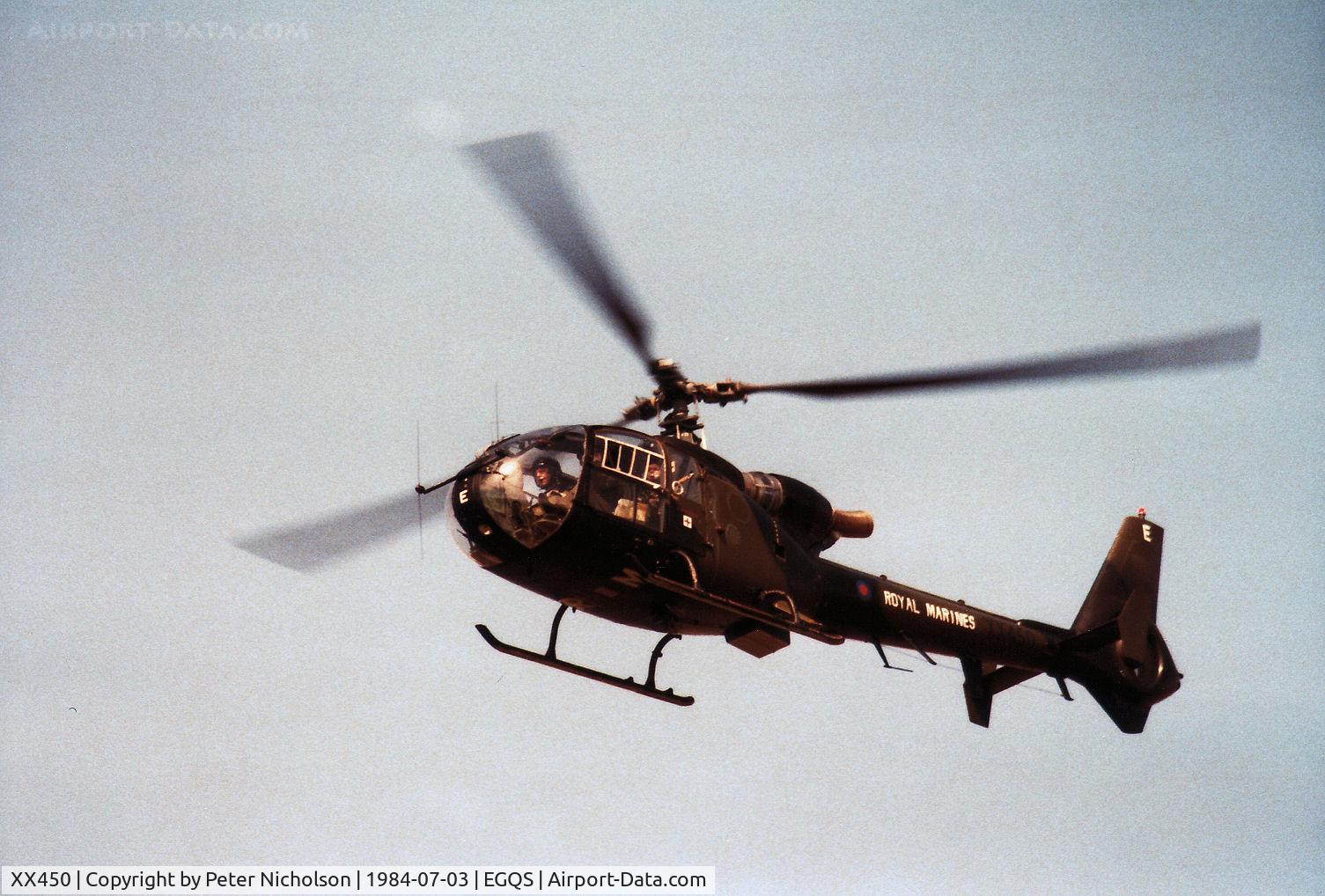 XX450, 1976 Westland SA-341B Gazelle AH1 C/N 1449, Gazelle AH.1 of 3 Commando Brigade Air Squadron overflying RAF Lossiemouth in the Summer of 1984.
