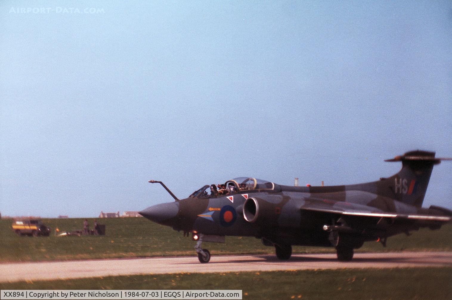 XX894, 1975 Hawker Siddeley Buccaneer S.2B C/N B3-03-74, Buccaneer S.2B of 208 Squadron taxying to the active runway at RAF Lossiemouth in the Summer of 1984.