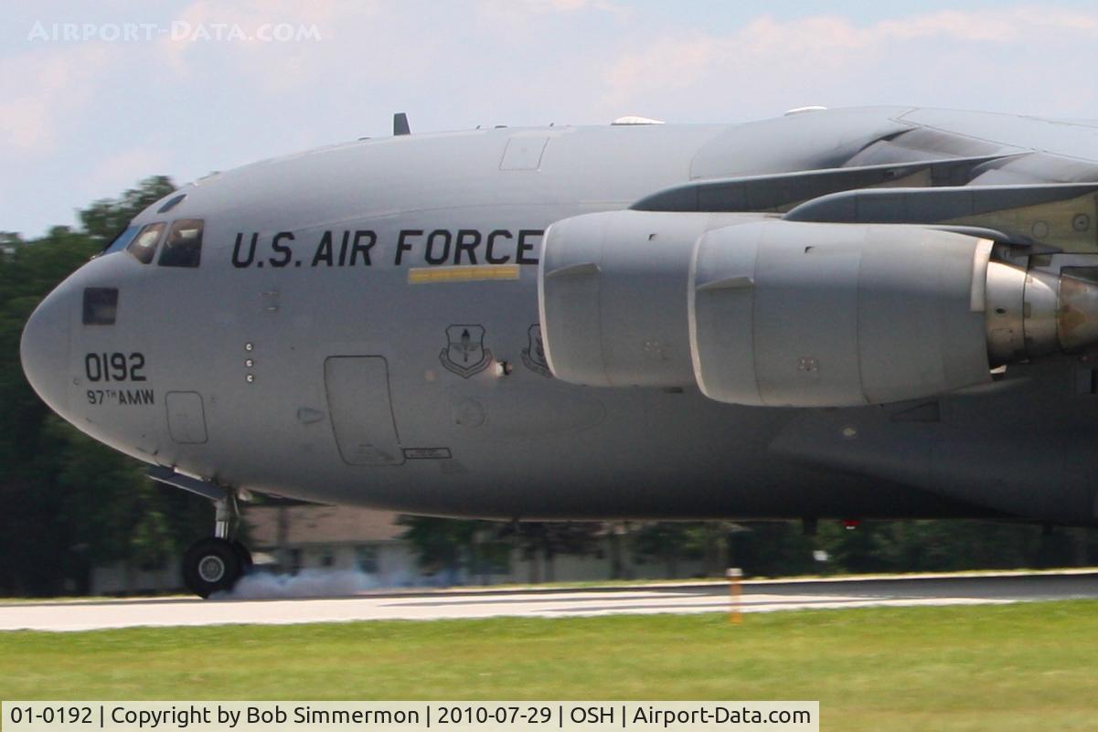 01-0192, 2001 Boeing C-17A Globemaster III C/N P-92, Nose wheel touchdown.  Arriving at Airventure 2010 - Oshkosh, Wisconsin