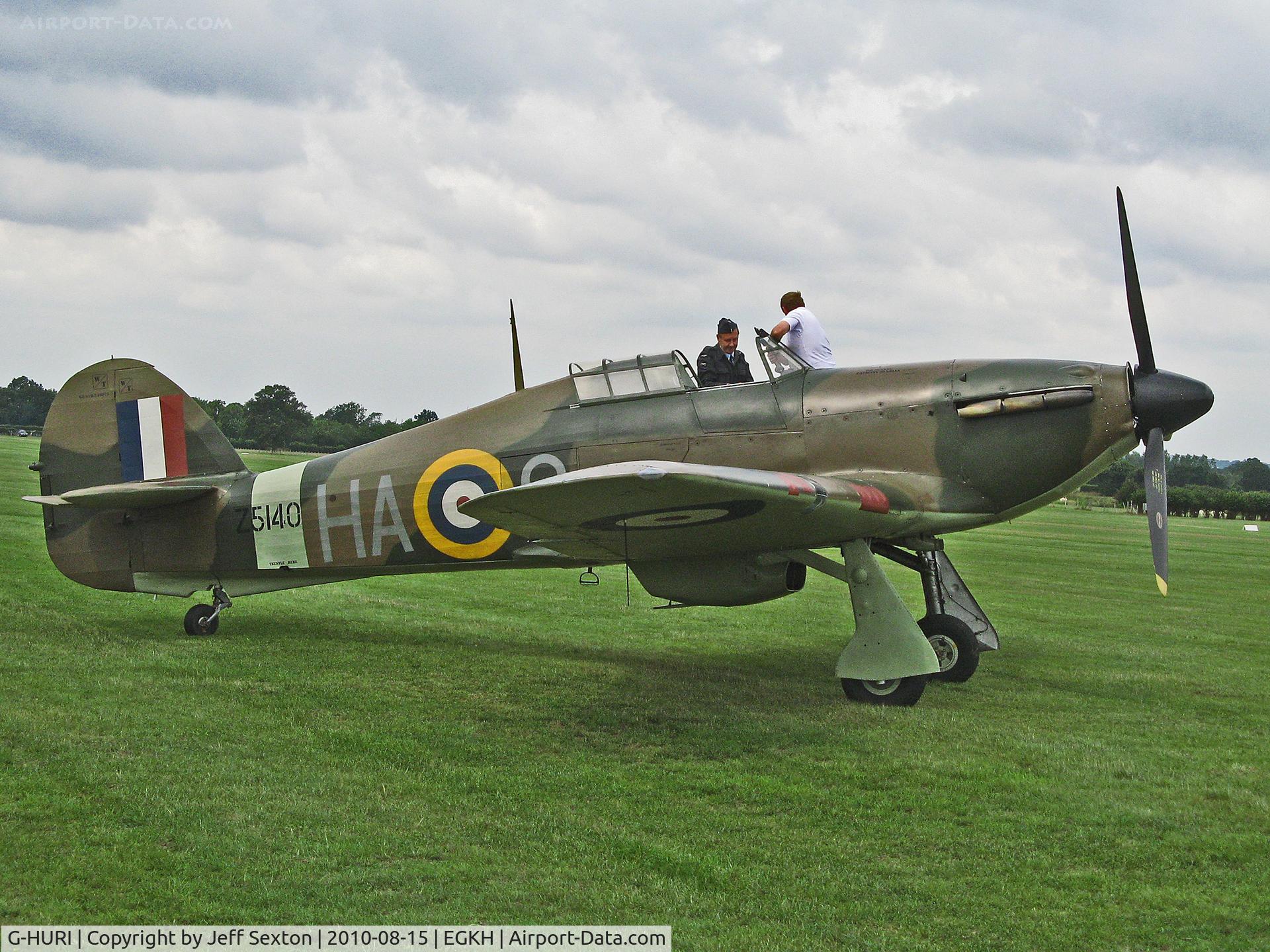 G-HURI, 1942 Hawker (CCF) Hurricane Mk12A C/N 72036, Hurricane Mk XII (Z5140) aircraft on static display at Headcorn Military Vehicle and Vintage Aircraft Weekend.
