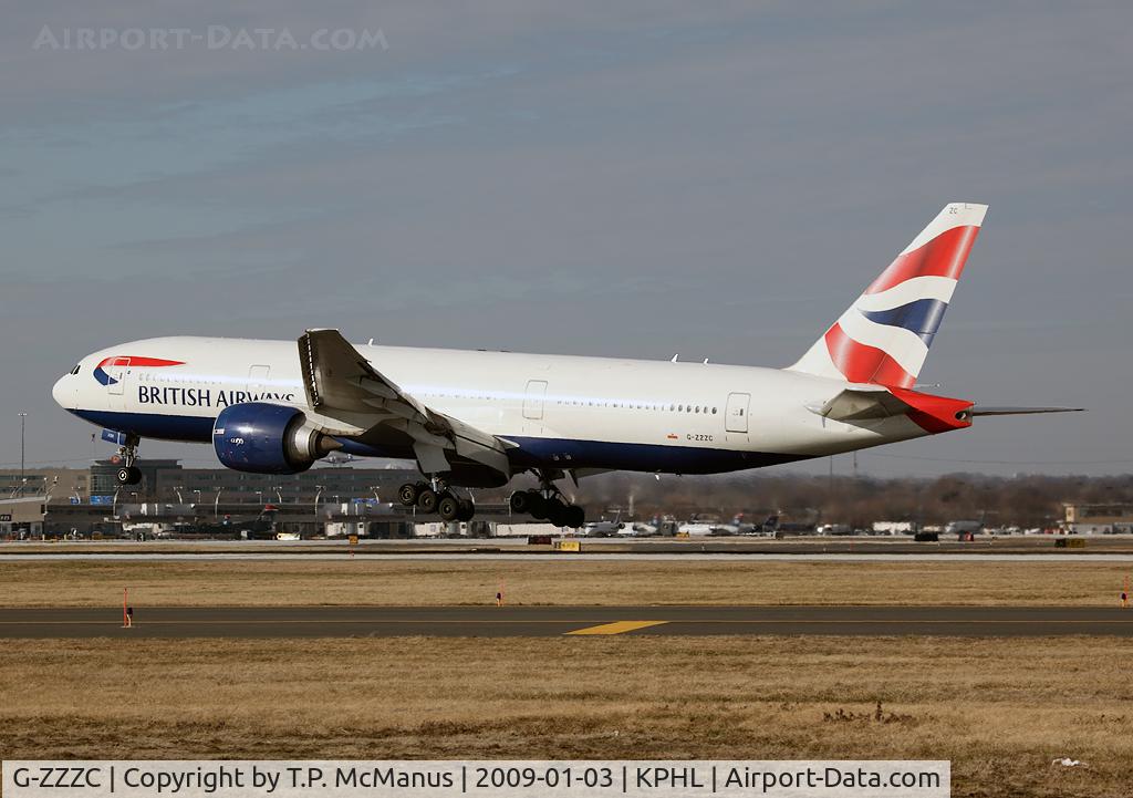 G-ZZZC, 1995 Boeing 777-236 C/N 27107, British Airways Speedbird 67 on final for 27R at PHL.