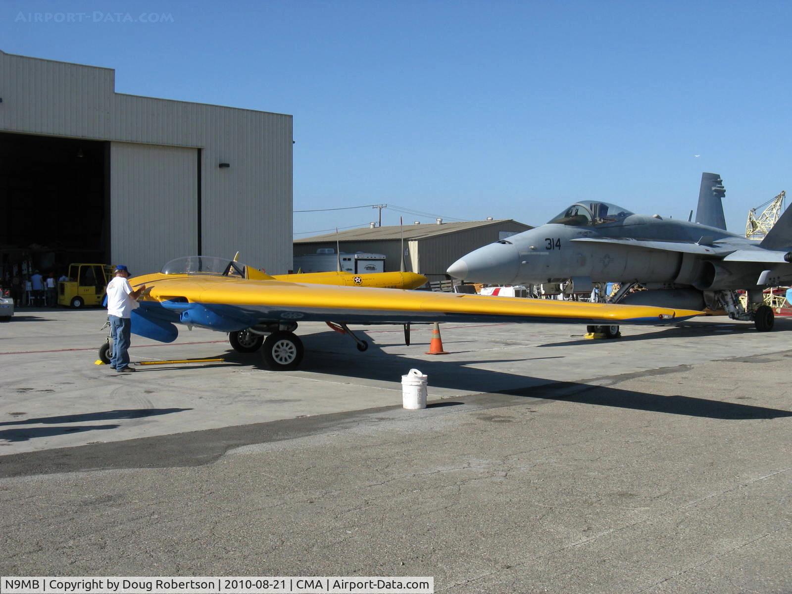 N9MB, 1945 Northrop N9M C/N 04, 1945 Northrop N-9M FLYING WING long-range bomber XB-35 prototype, two Franklin XO-540-7 pushers, 300 Hp each, NACA 65-019 airfoil, tandem seats pilot & observer. Restored by Planes of Fame Air Museum-Chino CNO. See in-flight photos.