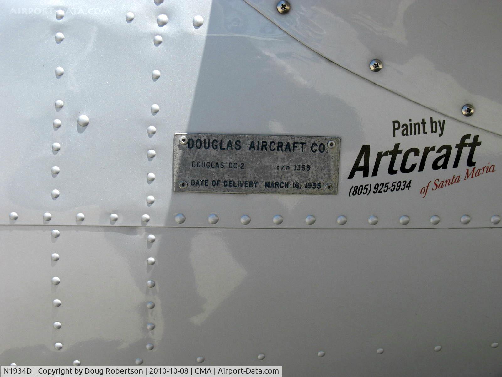 N1934D, 1935 Douglas DC-2-118B C/N 1368, 1935 Douglas DC-2 SKYLINER in TWA livery, two Wright Cyclone 9 R-1820G-2-3&5 760 Hp each, data plate closeup