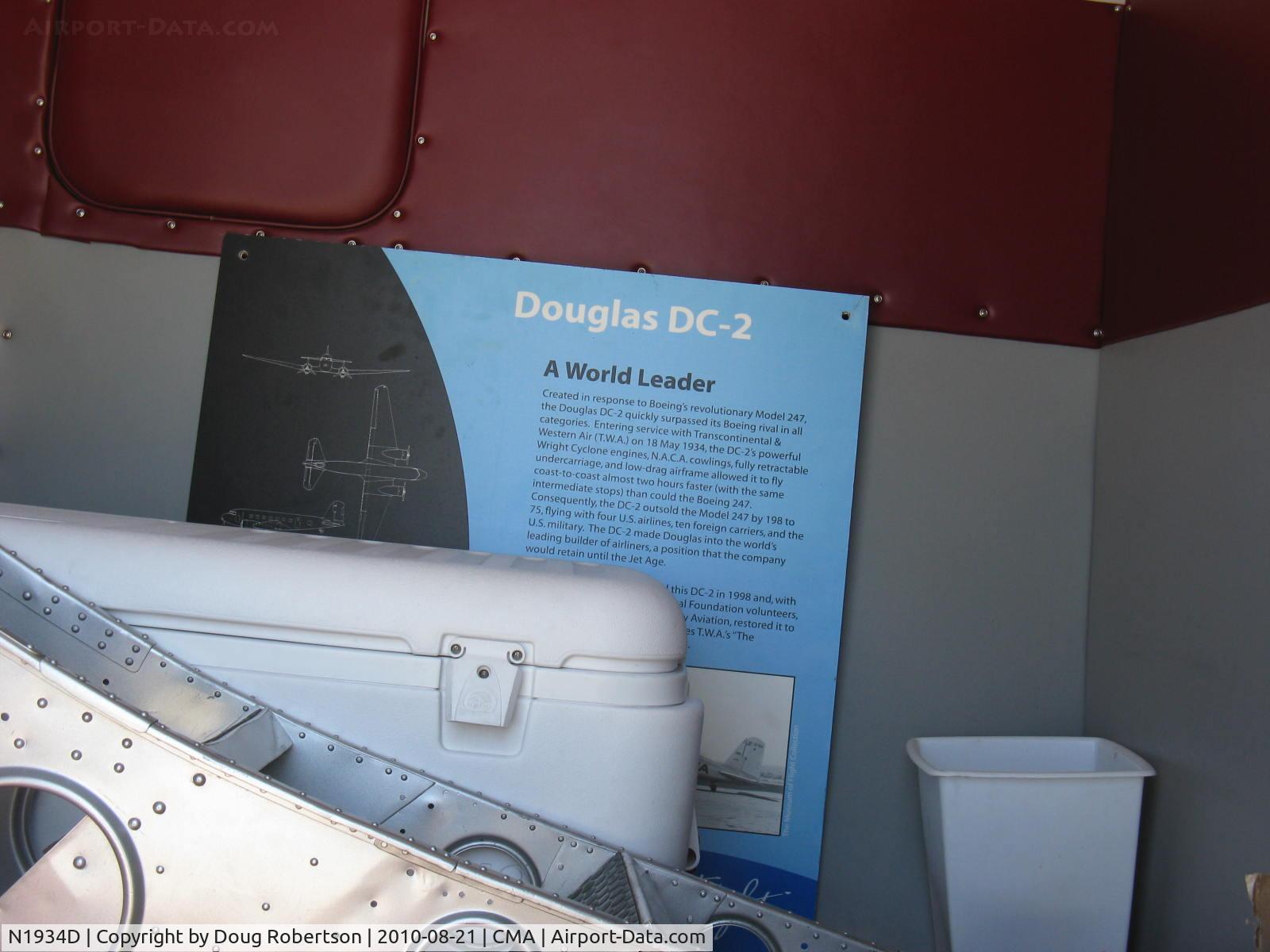 N1934D, 1935 Douglas DC-2-118B C/N 1368, 1935 Douglas DC-2 SKYLINER in TWA livery, two Wright Cyclone 9 R-1820G2-3&5 760 Hp each, information card featuring powerful engines, NACA cowls, retractable landing gear, low-drag airframe, etc.