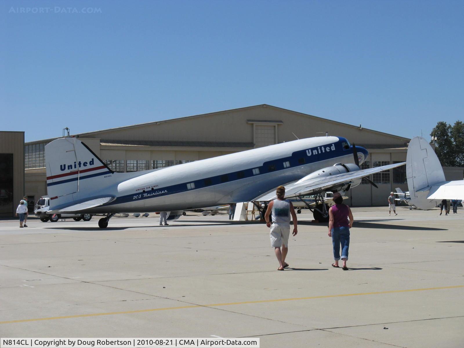 N814CL, 1945 Douglas DC-3C (C-47B-50-DK) C/N 34370, Clay Lacy's 1945 Douglas DC-3C in livery of DC-3 'Mainliner O'Connor' of United Air Lines, two P&W R-1830s. The DC-3C was a postwar civil conversion of the wartime C-47 which had more powerful engines & stronger structure. Clay has over 50,000 flt hours