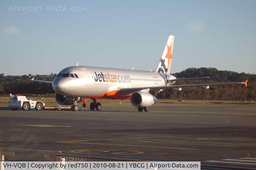 VH-VQB, 2009 Airbus A320-232 C/N 3743, This Jetstar Airbus A320-232 had just completed pushback at Coolangatta (Gold Coast) airport for departure to Newcastle, NSW.