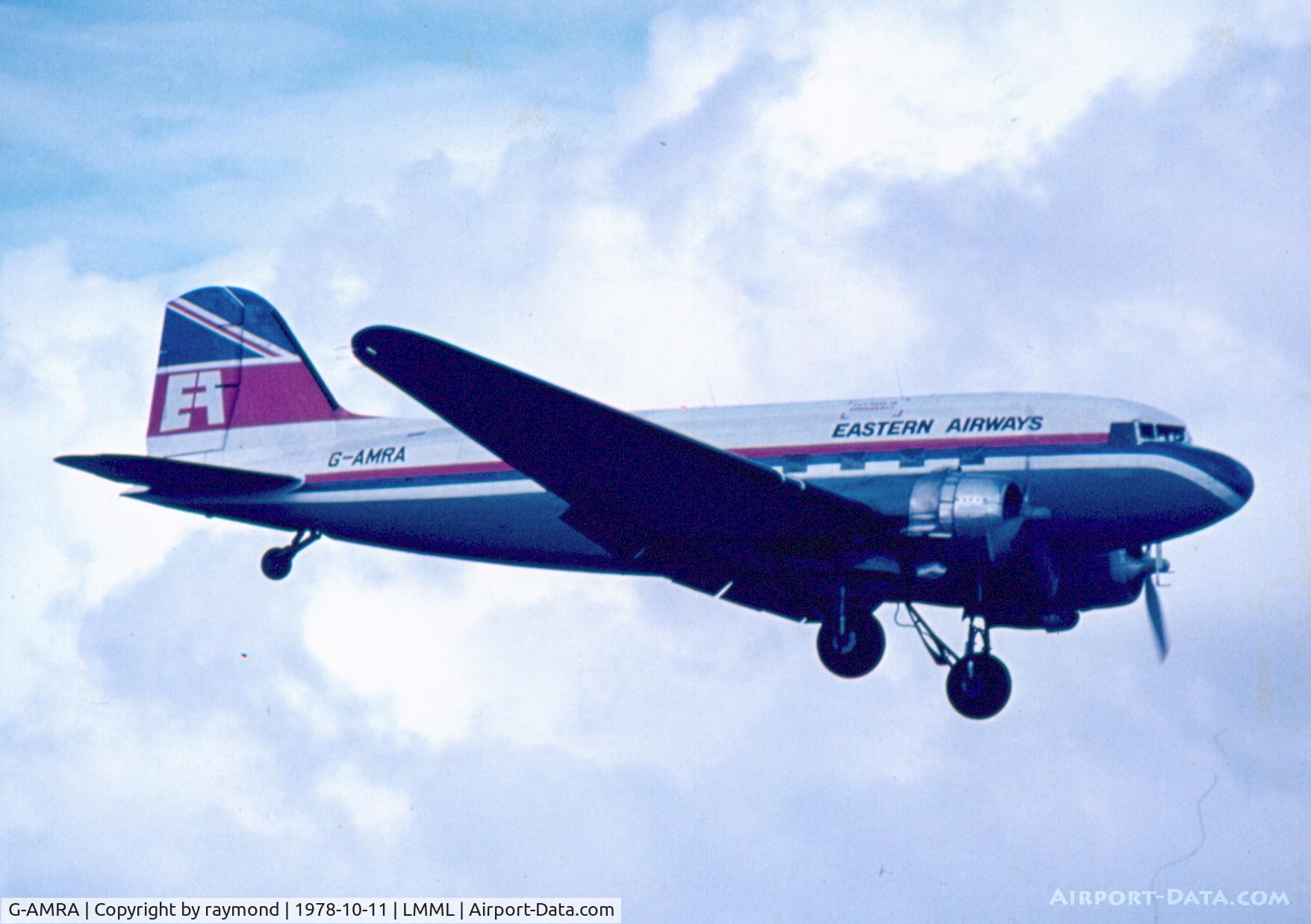 G-AMRA, 1944 Douglas DC-3C (C-47B-15-DK) C/N 15290, DC3 G-AMRA of Eastern Airways landing for a night stop in Malta on 11Oct1978