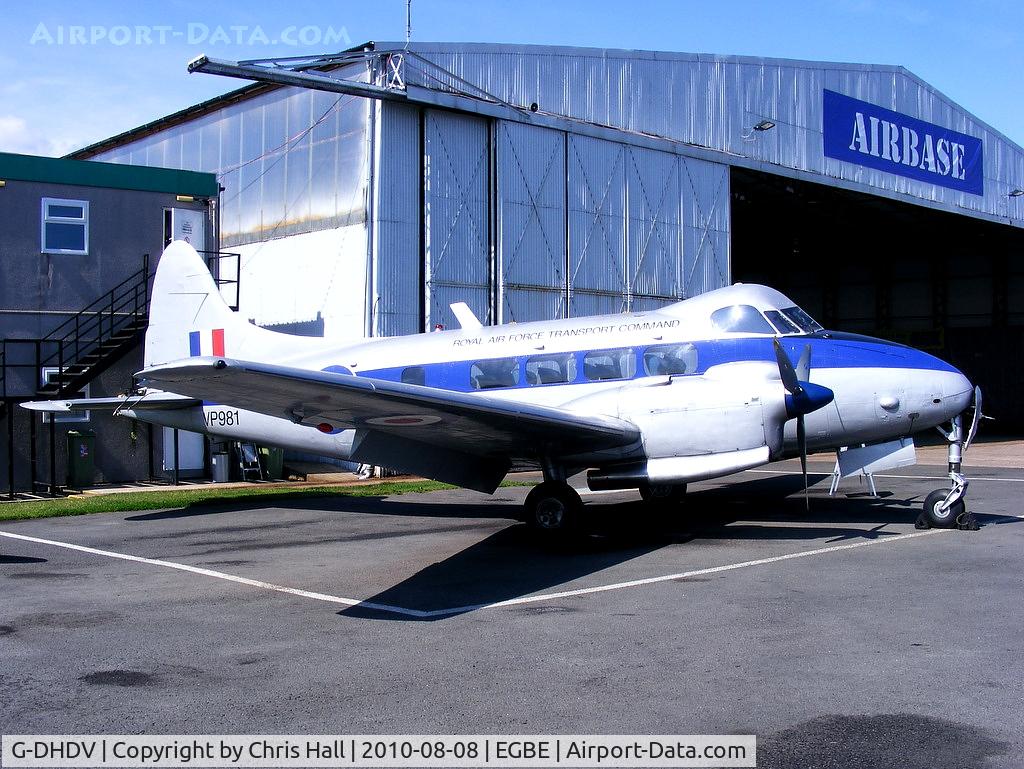 G-DHDV, De Havilland DH-104 Devon C.2 C/N 04205, outside the 'Airbase' hangar at Coventry