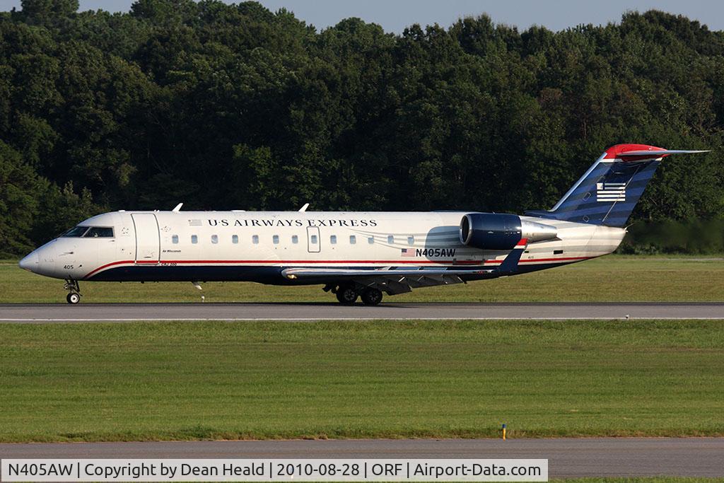 N405AW, 1999 Bombardier CRJ-200LR (CL-600-2B19) C/N 7362, US Airways Express (Air Wisconsin) N405AW (FLT AWI581A) rolling out on RWY 5 after arrival from Philadelphia Int'l (KPHL).