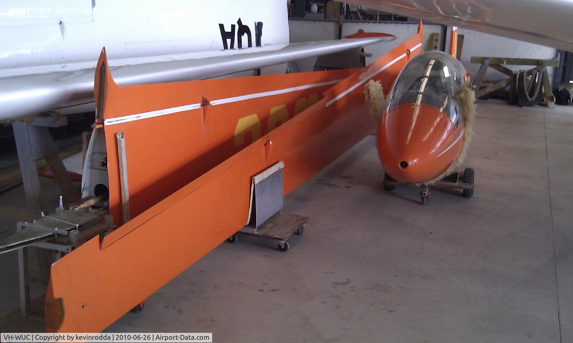 VH-WUC, 1976 Schweizer SGS 1-35 C/N 57, VH-WUC (Schweizer SGS 1-35) in hangar at Caboolture Airfield (QLD - Australia) after being towed from Bond Springs air strip near Alice Springs (NT - Australia).
