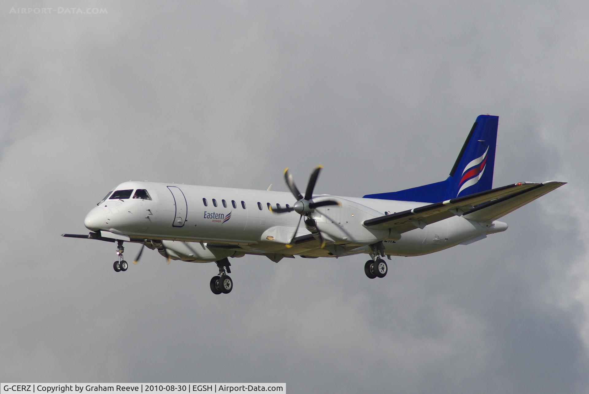 G-CERZ, 1997 Saab 2000 C/N 2000-042, Landing at Norwich.