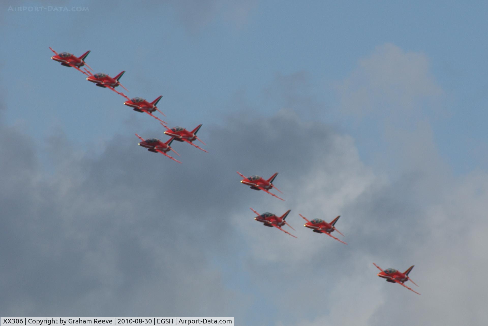 XX306, 1980 Hawker Siddeley Hawk T.1A C/N 141/312131, Red Arrows about to land after a display.
